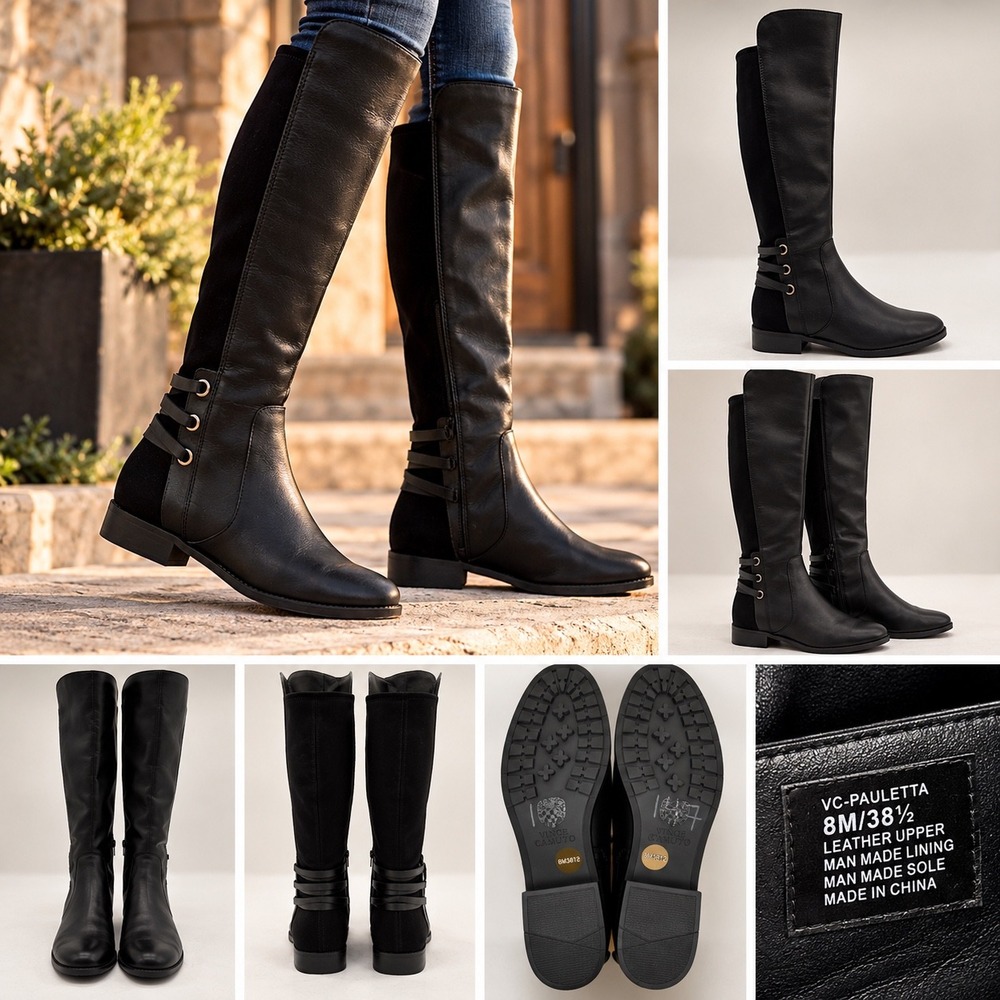 Vince Camuto Pauletta OTK Boots Womens 8M Black Excellent Leather Suede Strappy